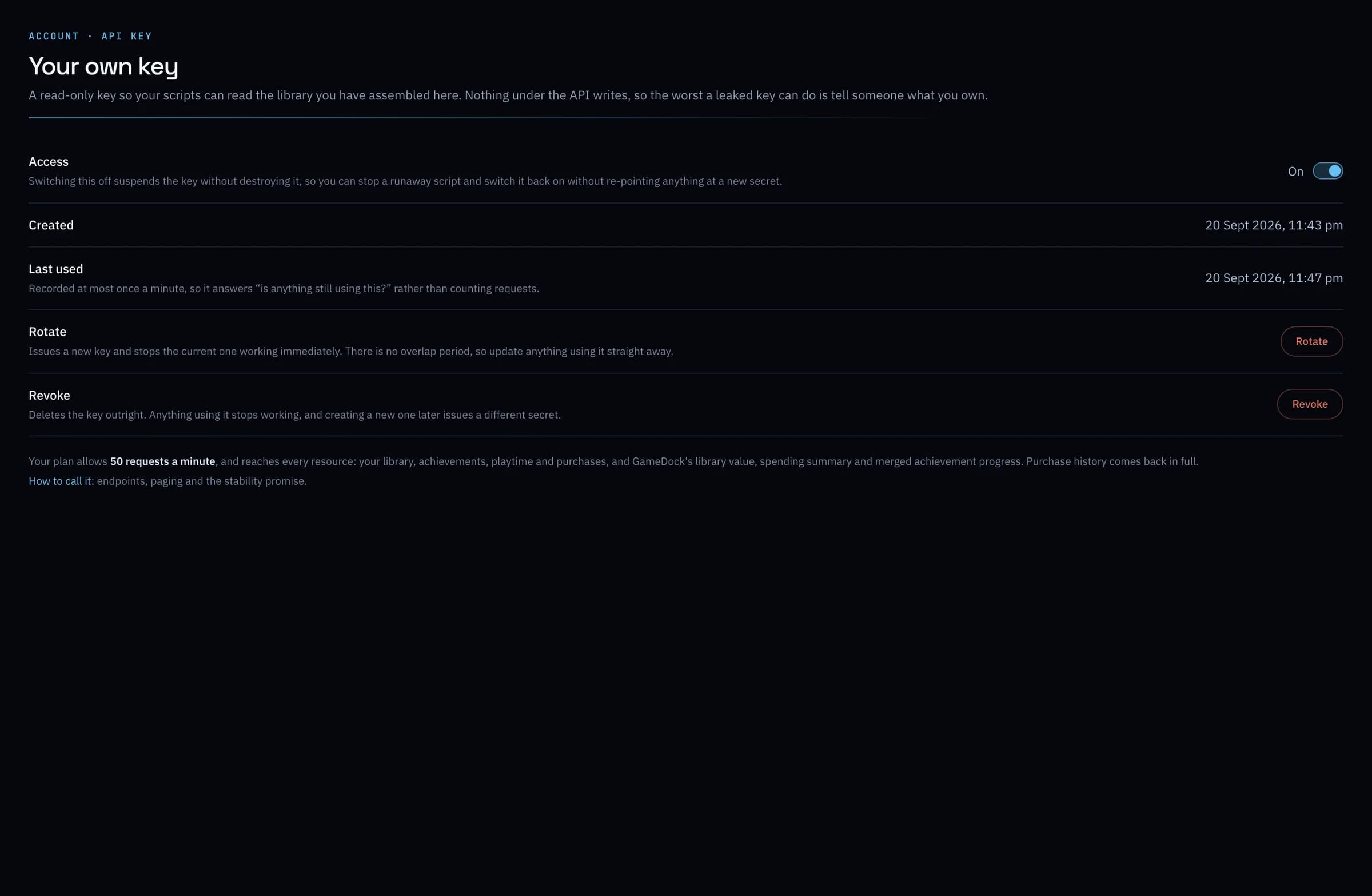 Account › API: a read-only key, when it was last used, and controls to rotate or revoke it.