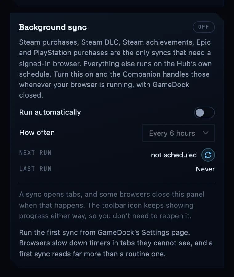 The Companion's background sync: run automatically, how often, and when it last ran.