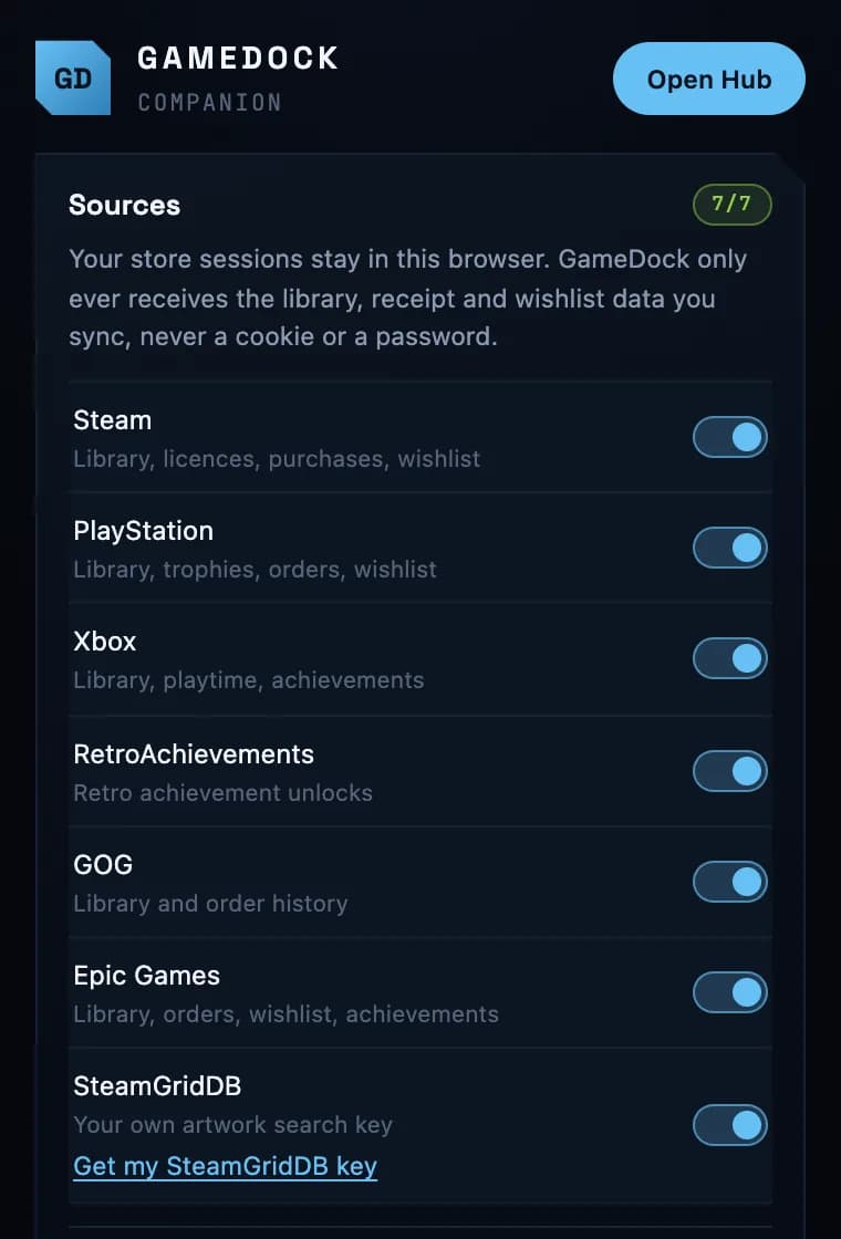 GameDock Companion's popup: Steam, PlayStation, Xbox, RetroAchievements, GOG, Epic Games and SteamGridDB, each switched on.