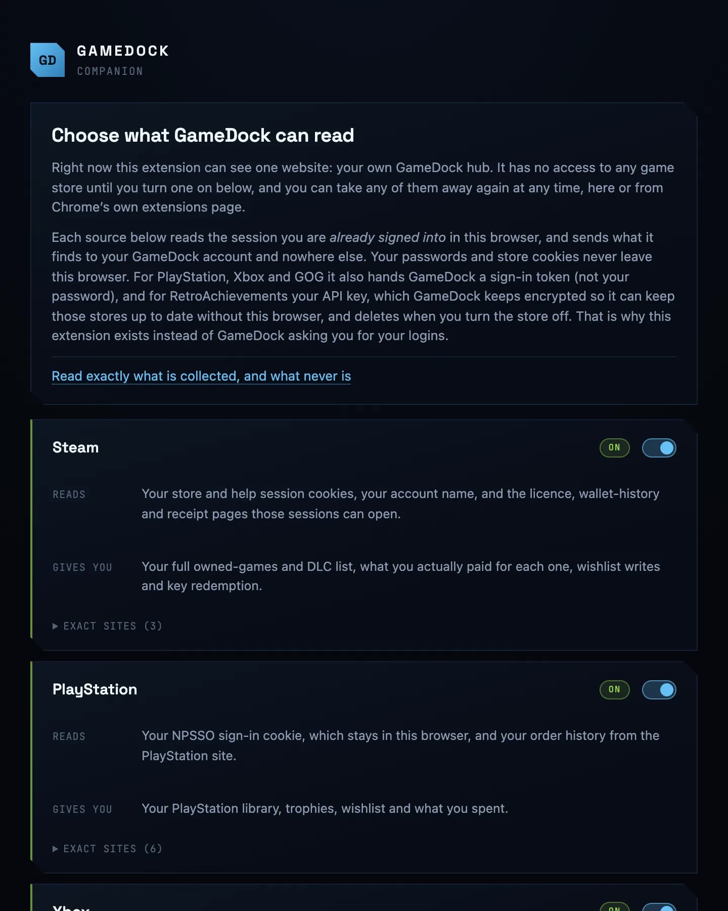 The Companion's Sources page: for Steam and PlayStation, what it reads and what it gives you, each switched on.