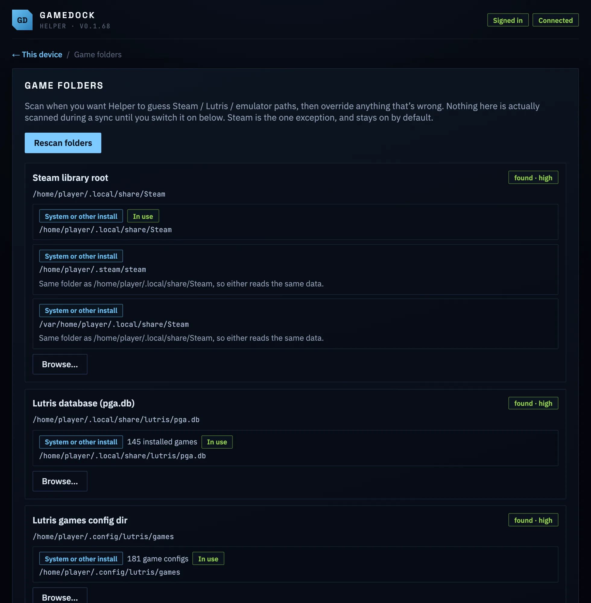 GameDock Helper's game folders: the Steam library, the Lutris database and game configs it found, each in use.