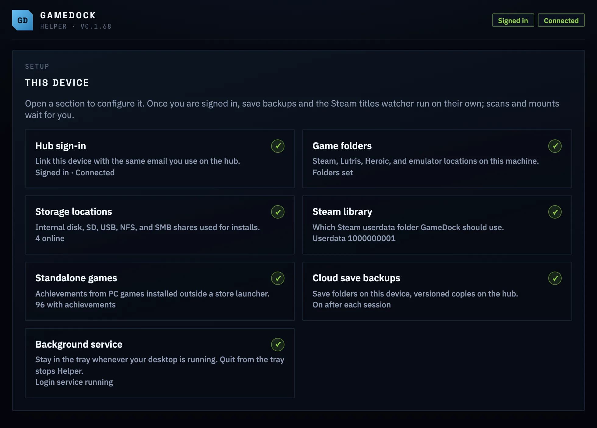 GameDock Helper on this device: hub sign-in, game folders, storage, Steam library, standalone games, save backups and the background service, each set up.