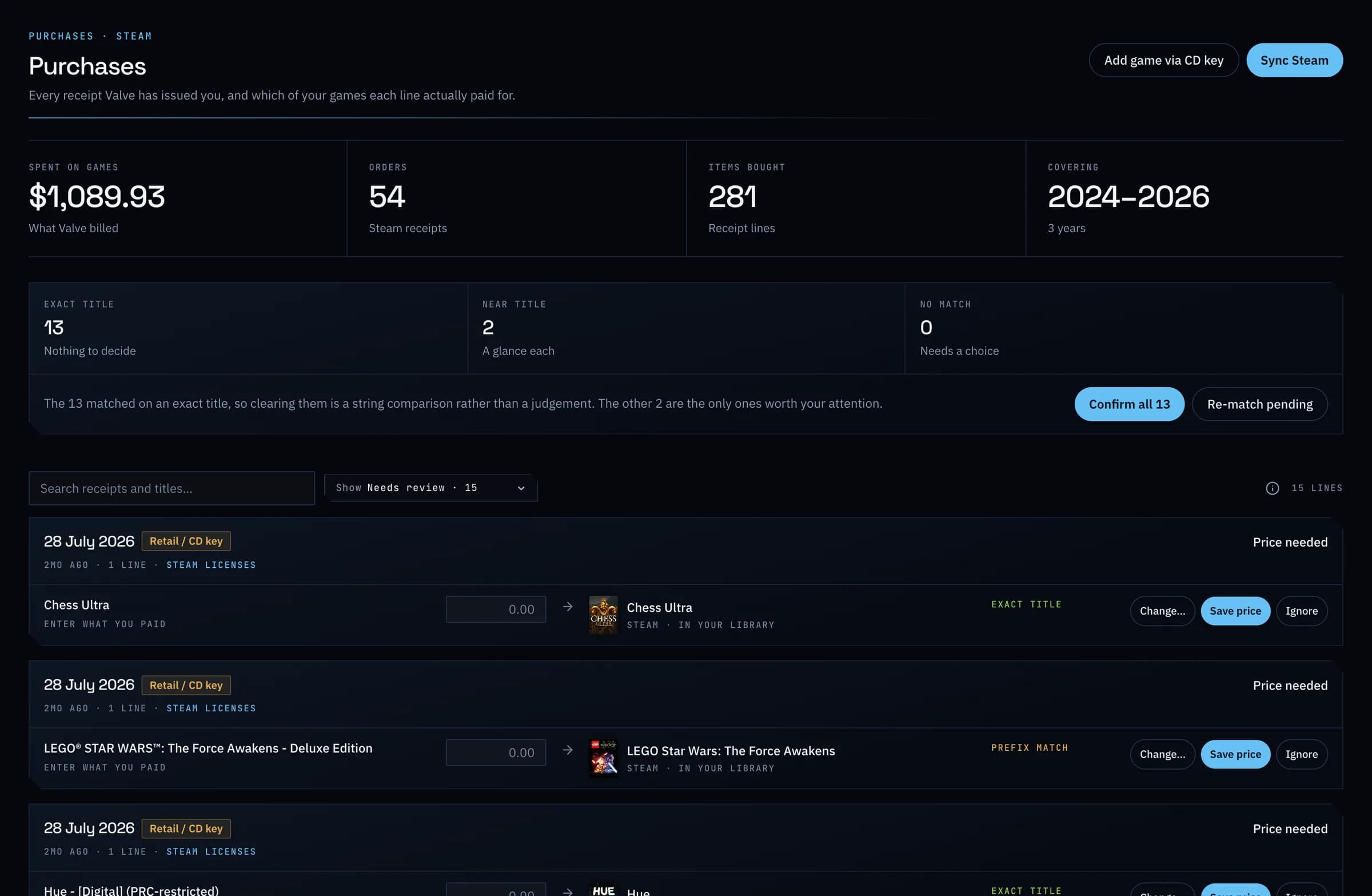 Steam's match queue: exact and near title matches ready to confirm in one go.