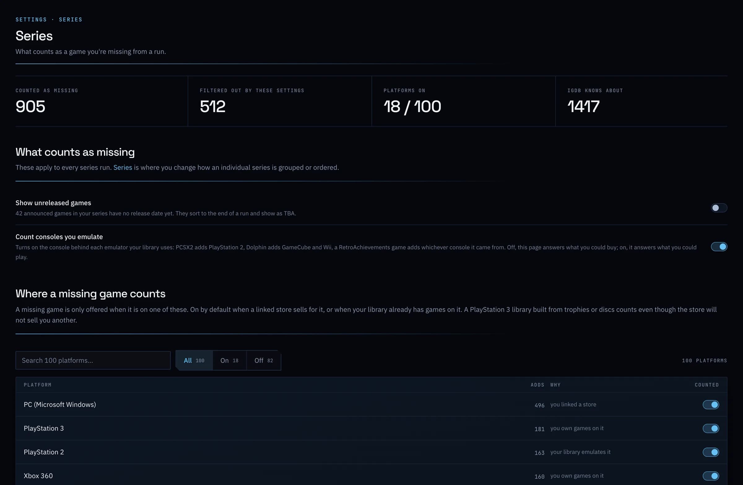 Settings › Series: what counts as missing, whether emulated consoles count, and the platforms a missing game is offered on.