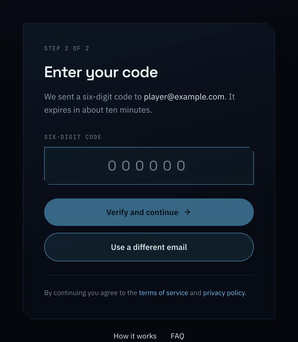 GameDock's sign-in page, asking for the six-digit code it emailed.