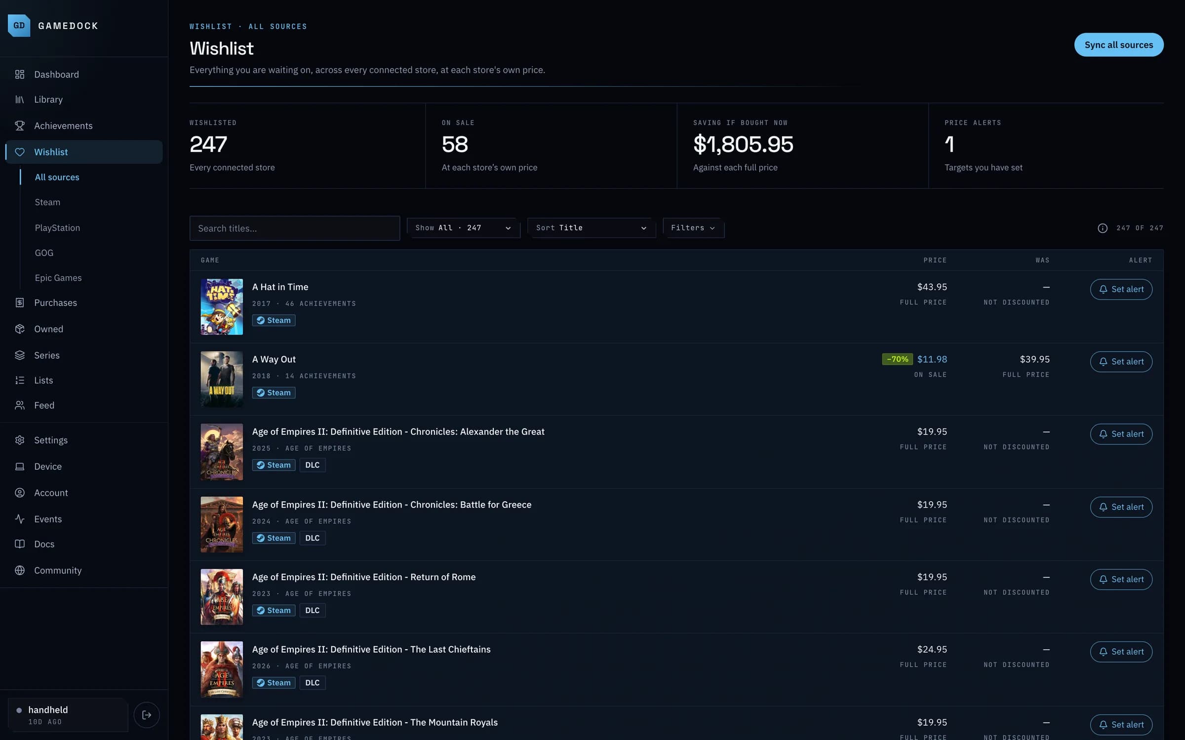 The combined wishlist: 247 games from every store, 58 on sale, with each one's price and discount.