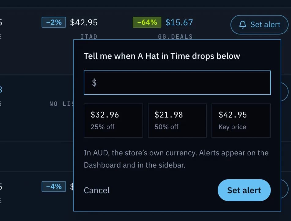 Setting a price alert for a Steam wishlist game.