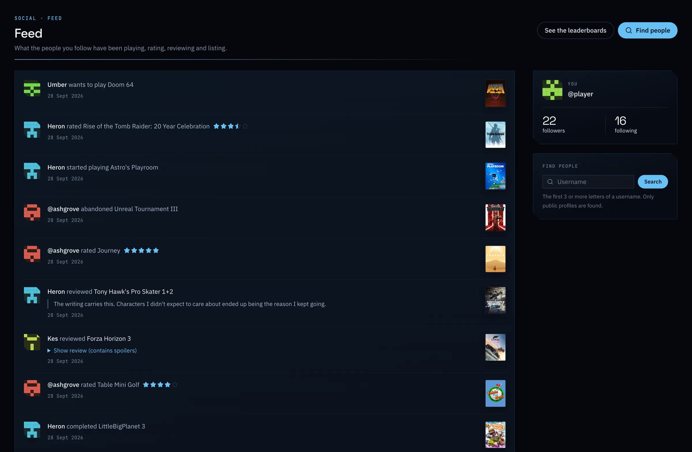 The feed: ratings, reviews and play from the people being followed.