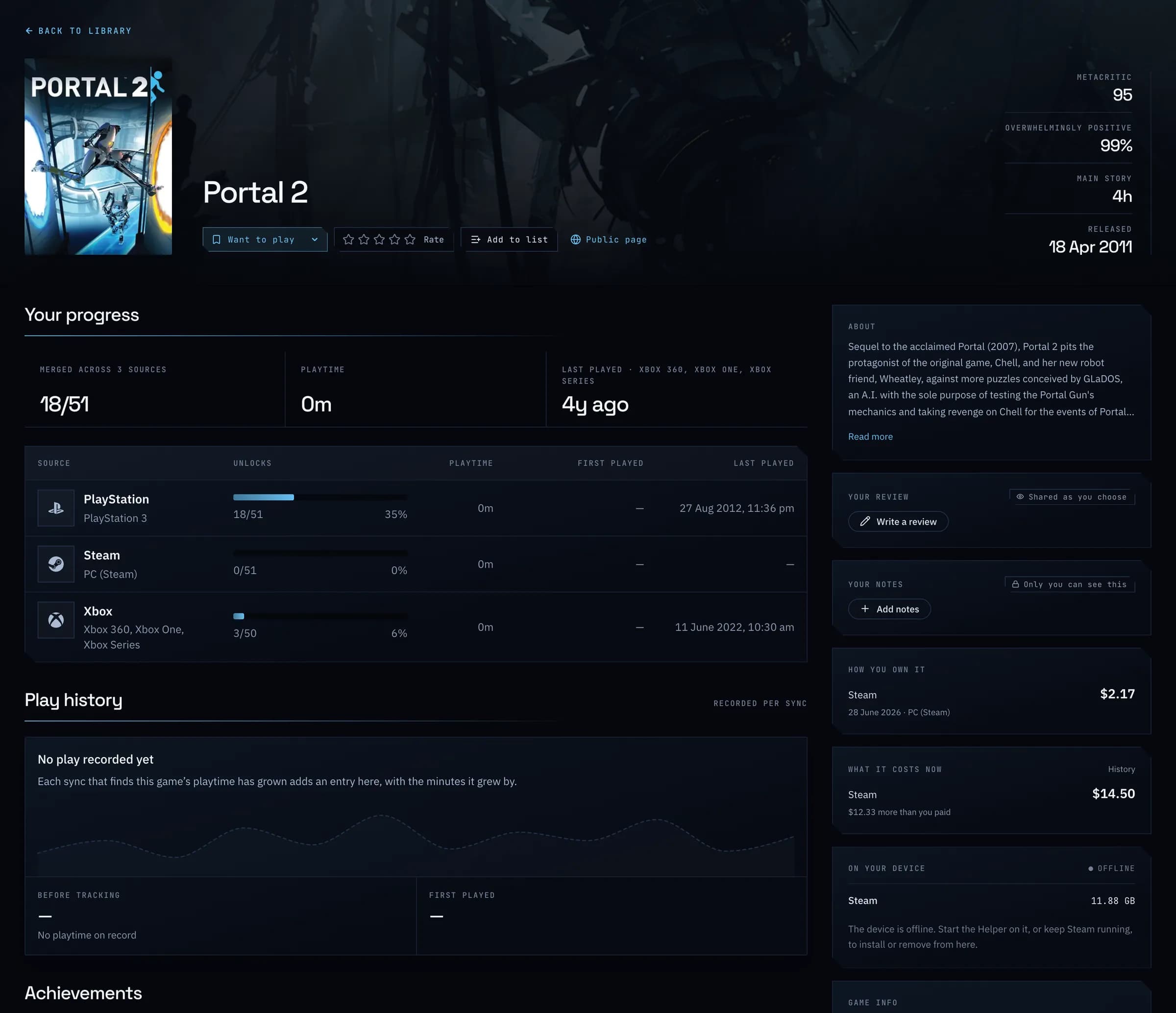 Portal 2's page: 18 of 51 achievements merged across PlayStation, Steam and Xbox, with each platform's progress below.