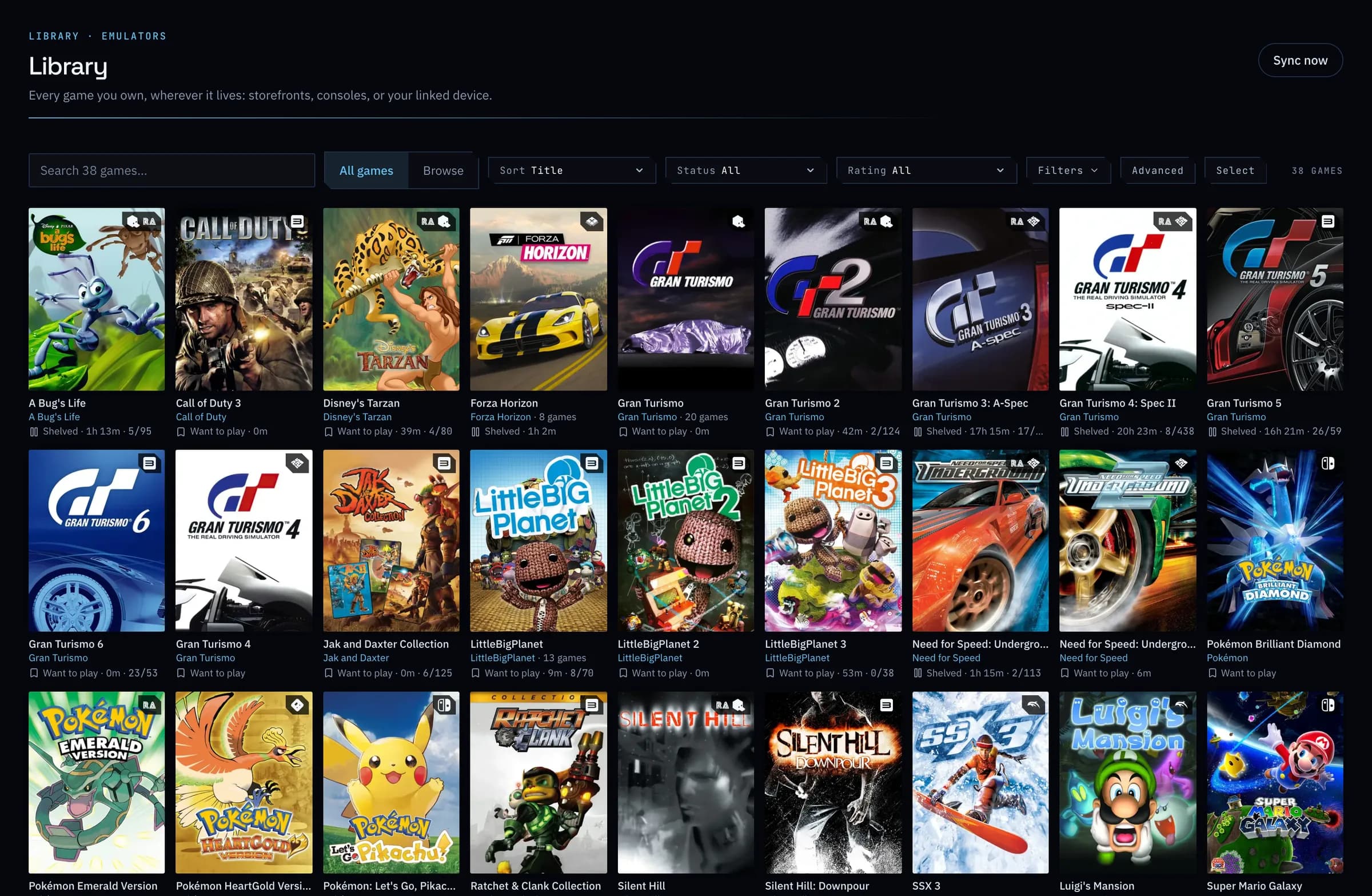 The library's Emulators source: Gran Turismo, LittleBigPlanet, Pokémon and more, each with its play status.