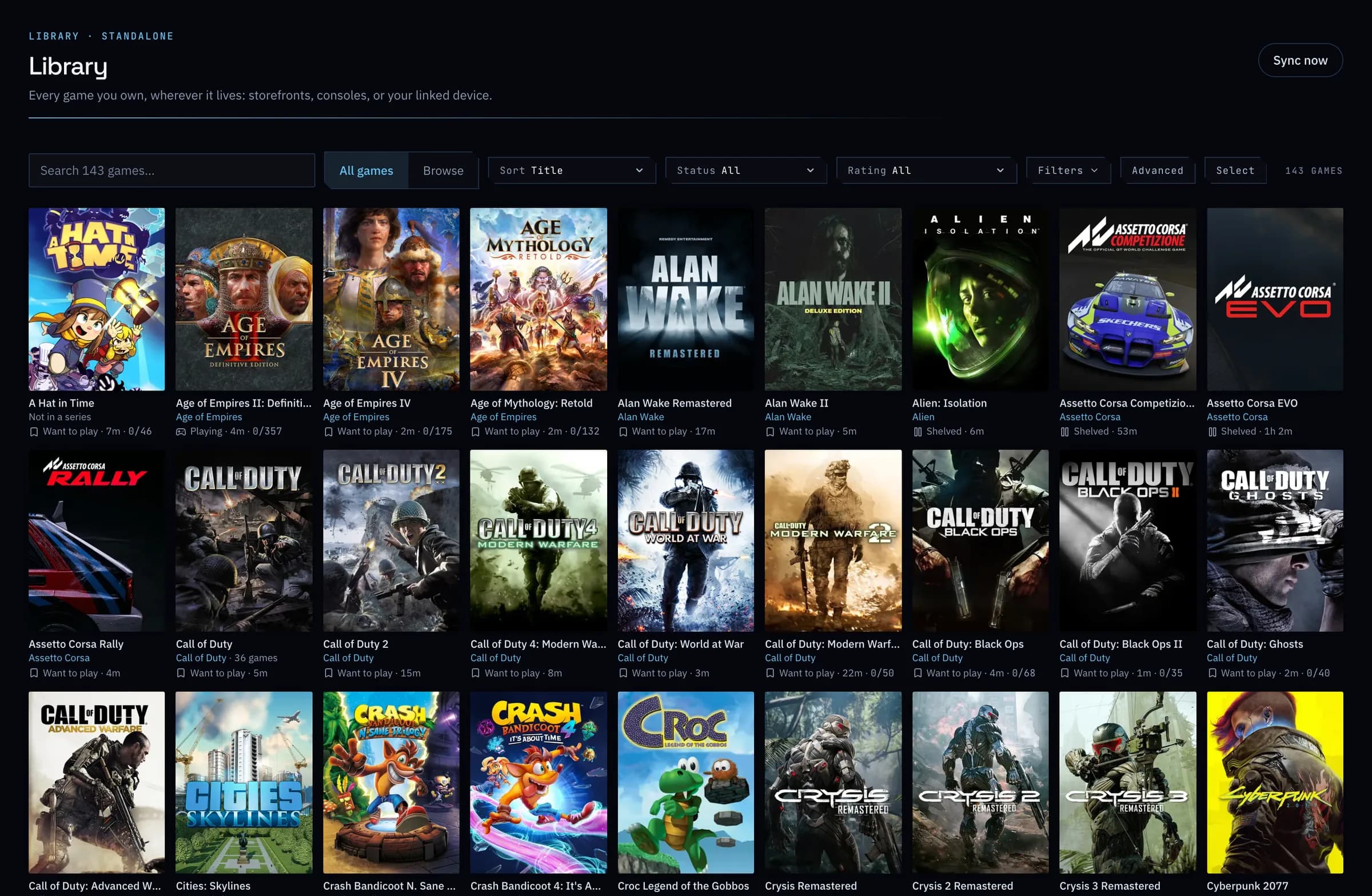 The library's Standalone source: PC games installed outside a store launcher.