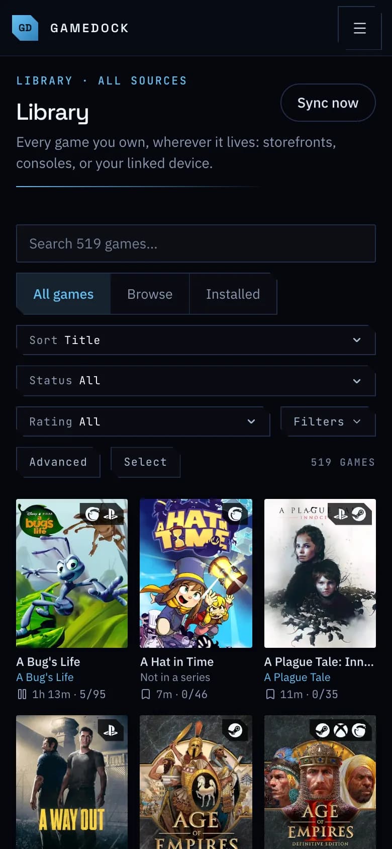 The GameDock library on a phone: search, filters and covers.