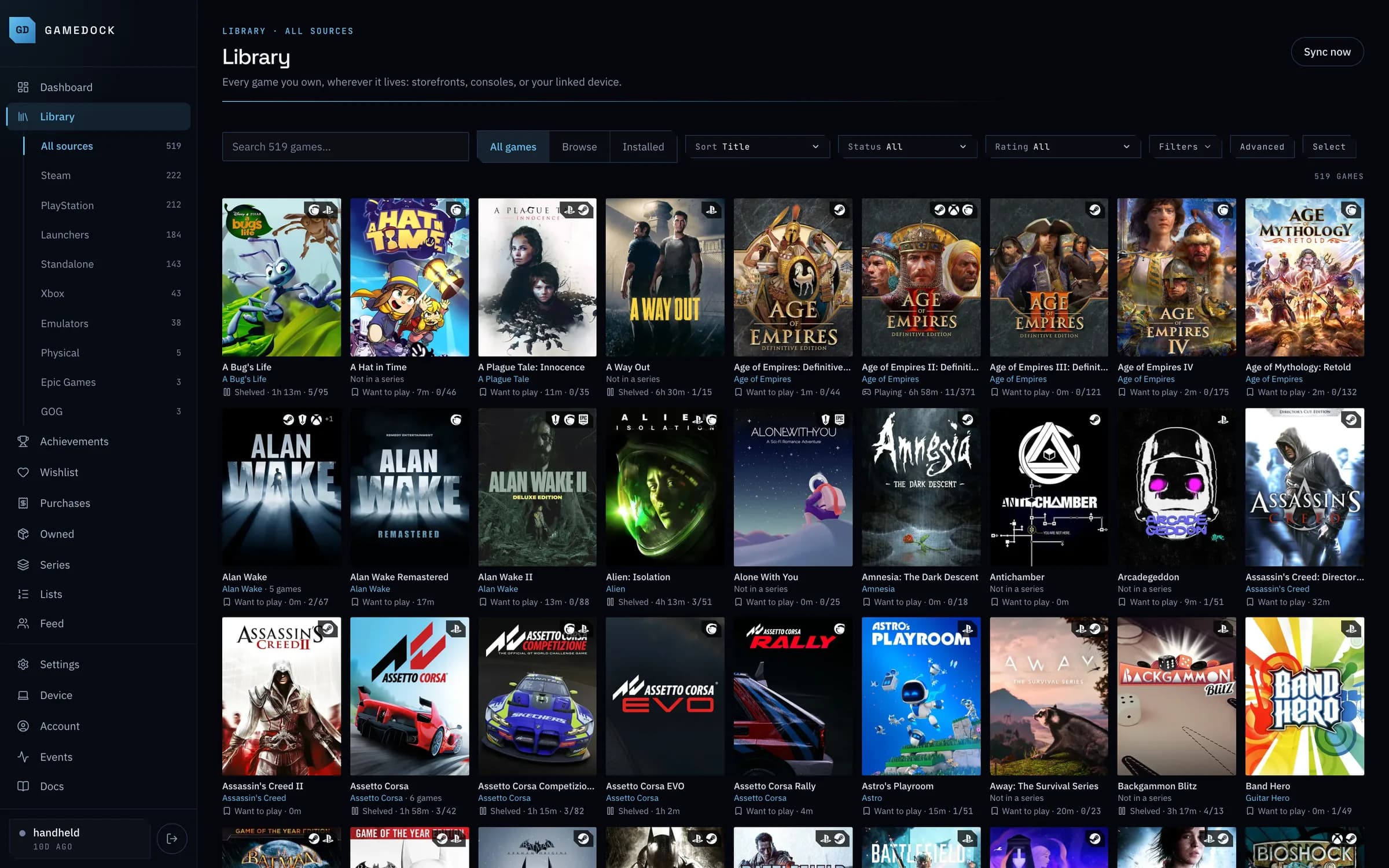 The GameDock library: covers from every store in one grid, with filters for store, status and rating.